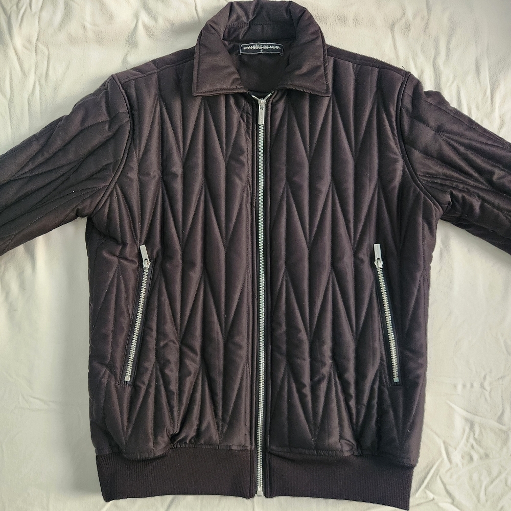 Maniere De Voir Quilted Bomber Jacket in Dark Brown